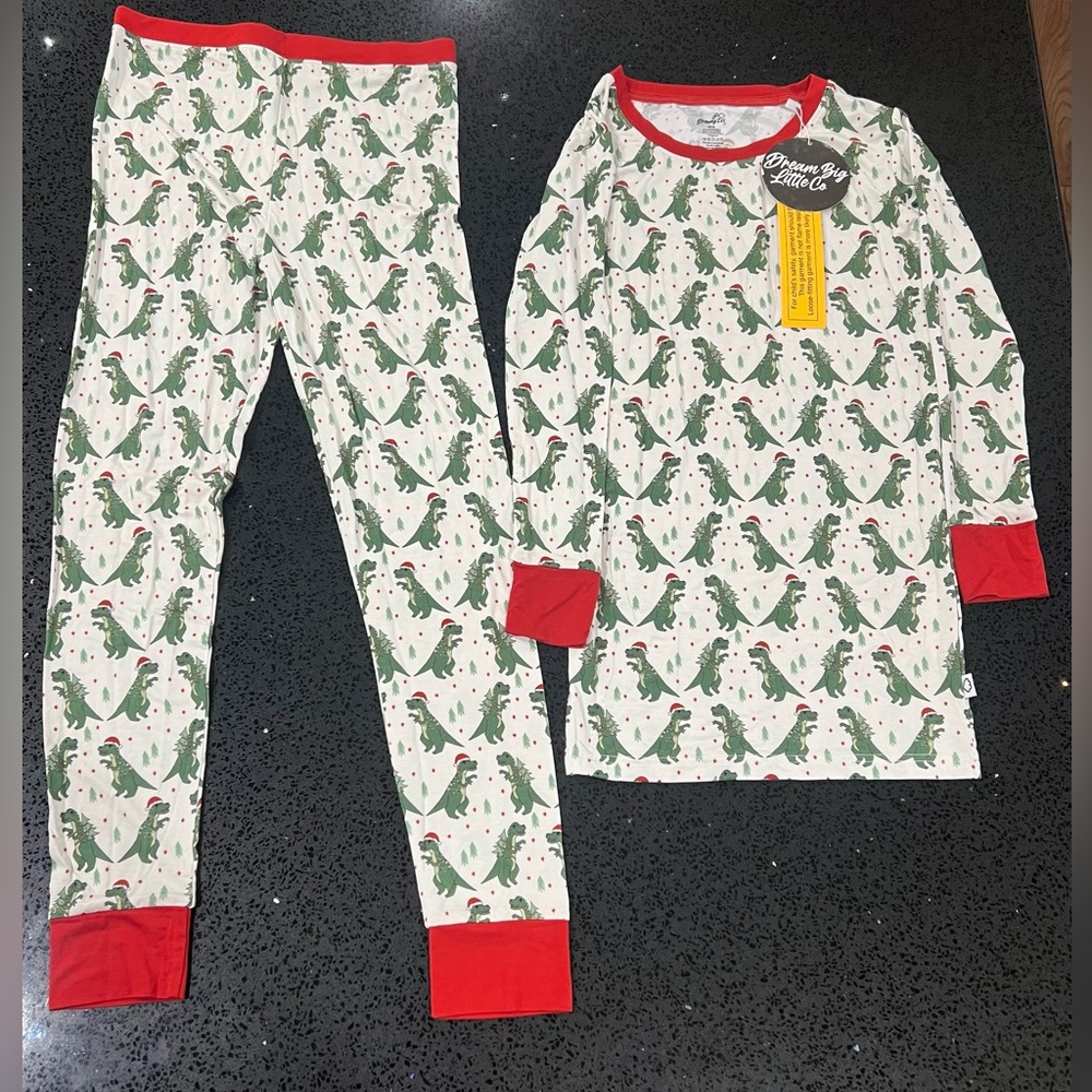 NWT Dream Big Little Co Bamboo Pajamas Dinosaurs Christmas lights & Hats 12/14